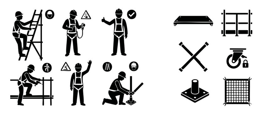 Construction Scaffolding Safety Icons Set, Worker Personal Protective Equipment Training Manual Illustrations, Industrial Site Hazards, Fall Protection Harness, Working at Heights Protocols, Workplace