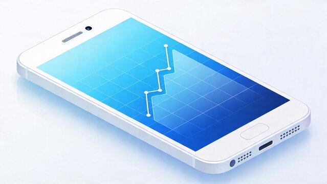  is a digital illustration of a modern smartphone lying flat on a light, reflective surface. The phone has a sleek, minimalist design with a white frame and a large screen displaying a blue-toned grap