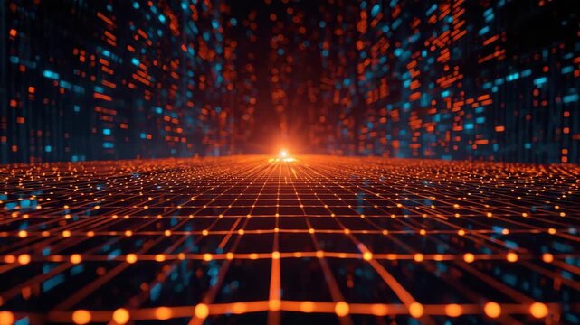 Glowing orange grid pathway to distant light with floating blue data nodes futuristic digital tunnel