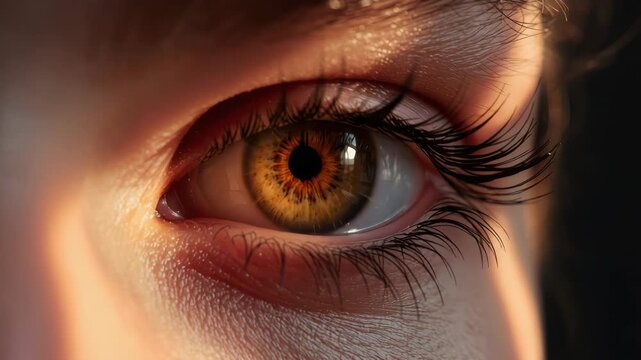 Amber brown eye close up with delicate iris detail, eyelash shadow, soft warm skin glow