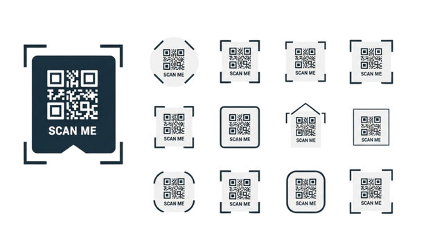 QR scanner label and QR code icon set with scan me symbols in modern flat vector style for mobile app and digital use isolated on white background
