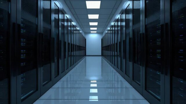 Data center corridor with mirrored floor and server rack aisle glowing blue lighting and sleek