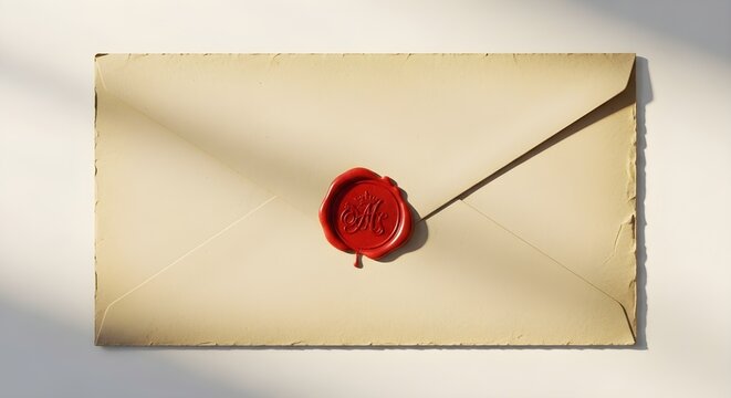 Vintage textured paper envelope with a red wax seal featuring an ornate letter a and a small crown, illuminated by soft natural light