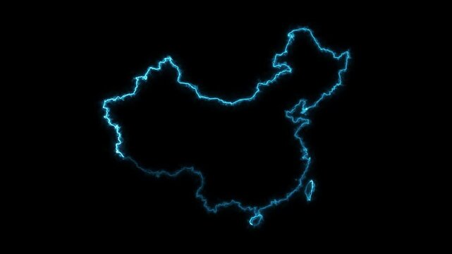 China neon glowing map outline animation electric blue border digital futuristic light effect on black