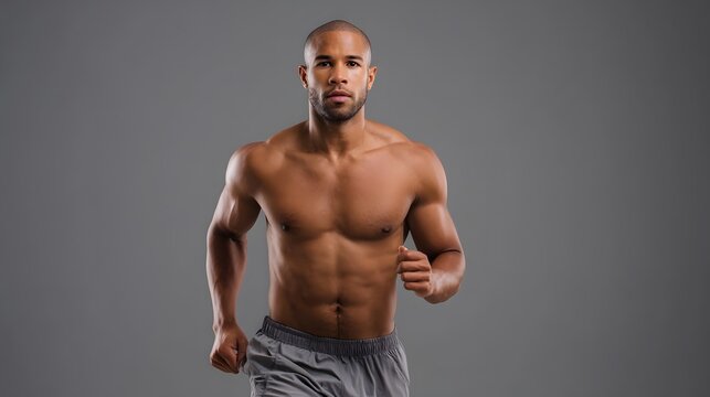 Muscular athlete displaying physical strength and focus during a vigorous workout session in a clean minimalist studio setting