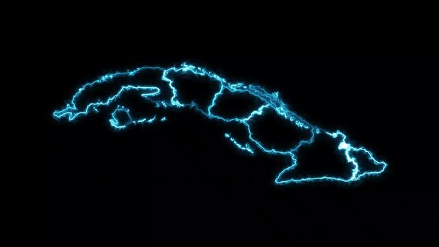 Glowing neon outline of Cuba map animation with electric energy effect on dark background