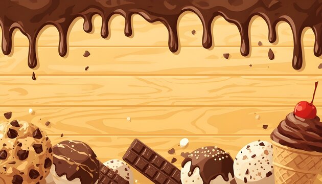 Assorted Chocolate Desserts Border with Cookies Ice Cream and Melting Fudge Drip on Light Wood Texture Background