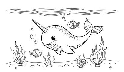 Cute narwhal swimming underwater with small fish and aquatic plants coloring page illustration © RINA