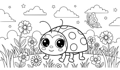 Cute ladybug in garden coloring page for children with flowers and flying butterfly © RINA