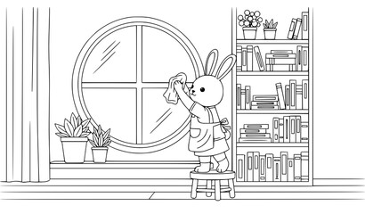 Cute rabbit cleaning window in home library with bookshelves and potted plants coloring page © RINA