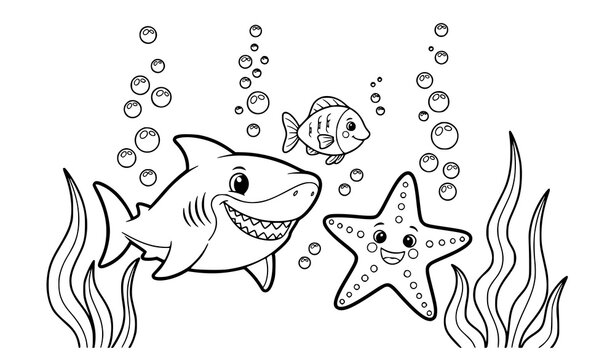 Underwater scene coloring page for kids with friendly shark starfish and small fish, starfish