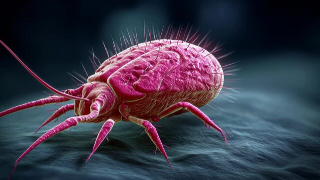 Microscope view of a pink mite crawling on the surface showing its legs and body structure in high detail