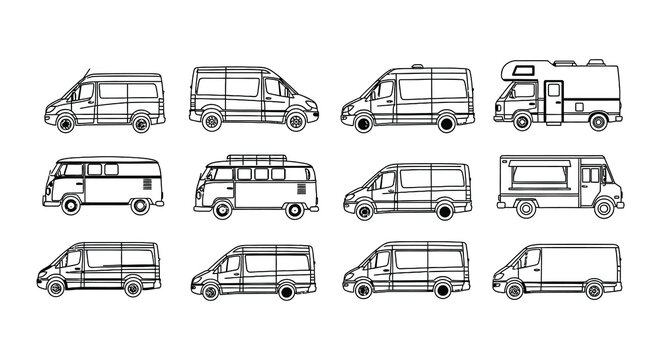 Collection of various van types displayed as simple line art illustrations