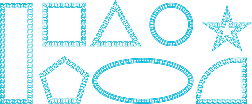 Set of cyan geometric shapes with patterned borders including a rectangle square triangle circle star pentagon oval and a quarter circle isolated on a white background
