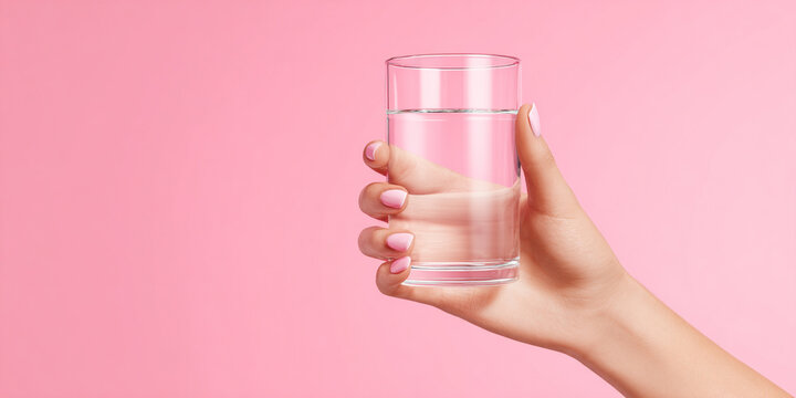 Graceful female hand holds clear glass of water against soft pink background, conveying freshness and hydration
