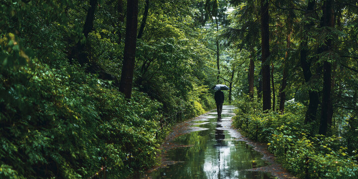 Lonely man with umbrella walking along rain soaked path surrounded by lush greenery and trees, evoking sense of solitude