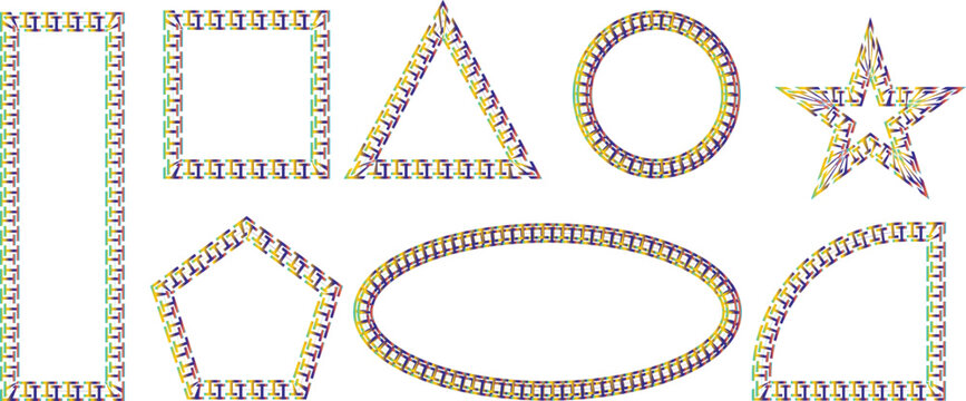 Collection of geometric shapes with multicolored patterned borders including a rectangle square triangle circle star pentagon oval and a quarter circle on a white background