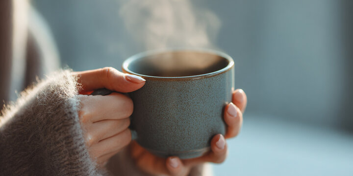 Close up of woman hand holding steaming cup, cozy atmosphere, warm beverage, relaxation, comfort, soft sweater