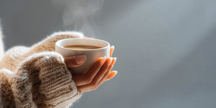 Close up of woman hand holding steaming cup of coffee, showcasing warmth and comfort