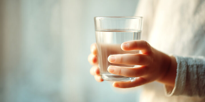Child hand gently holds clear glass filled with water, showcasing innocence and curiosity