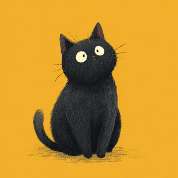 Cute black cat with big eyes sitting against bright yellow background, exuding playful and curious expression