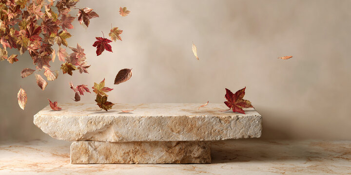 Natural stone podium with gently falling autumn leaves creates serene atmosphere of change and beauty