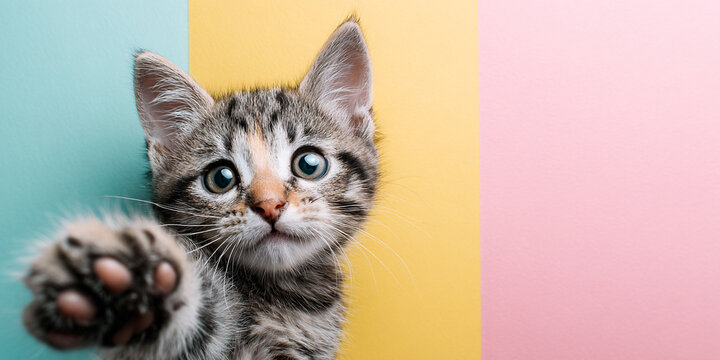 Playful kitten reaching out with paw, bright pastel colors create cheerful atmosphere