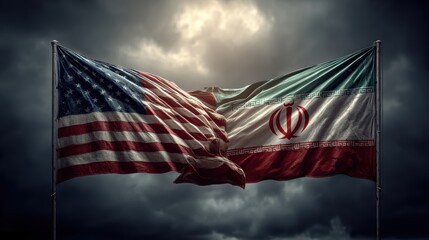 Obraz premium USA United States of America and Iran relations competition war crisis politic government,flag waving,nternational tension relation crude oil,symbolic display about relations,conflicts concept.