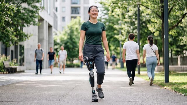 Woman with prosthetic leg walking confidently in urban park, smiling, showcasing resilience and determination.