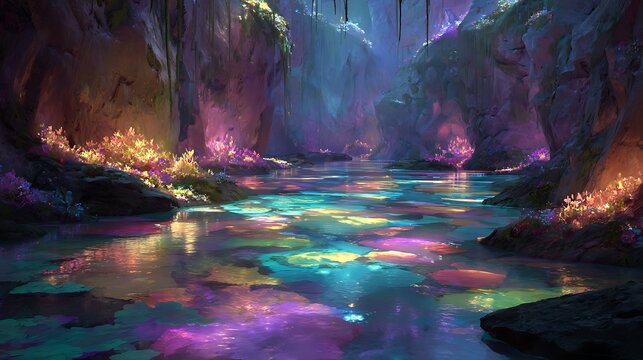 Dreamy fantasy cavern with glowing colorful pools of water surrounded by rocky walls and mystical ambiance