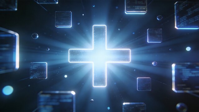 Abstract digital cross with glowing cubes