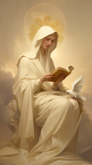 Fototapeta premium Sacred Woman with Dove and Holy Book – AI Generative