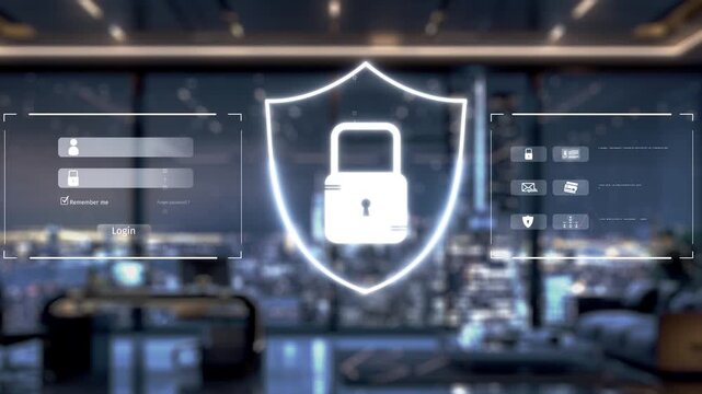 A robotic hand interacts with a digital lock symbol in a high-tech office setting, symbolizing the convergence of technology and security in the modern age. Auvana