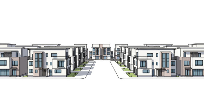 Modern Suburban Residential Complex Architectural 3D Rendering with Minimalist Townhouses and Urban Planning Layout on White Background