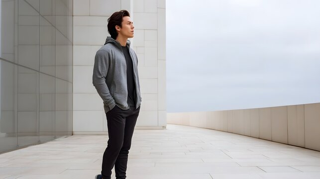 A man stands in contemplative repose on a modern minimalist architectural walkway overlooking a vast bright sky