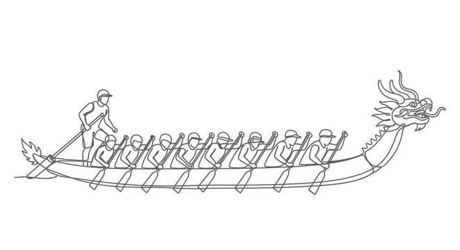 Dragon Boat Race Illustration: Team Rowing, Dragon Head Design, Traditional Sport