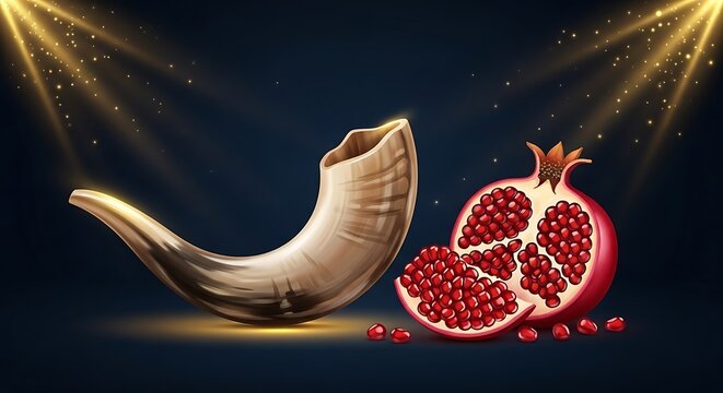 Shofar, pomegranate, jewish symbols, gold, red, illustration