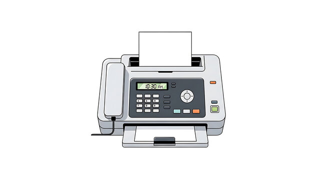 Modern multifunction printer on white desk with digital display and control panel