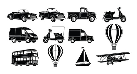 Collection of diverse black silhouette transportation vehicles and air travel © Begum