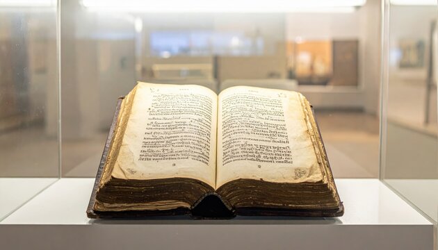 An ancient leather-bound codex with yellowed and brittle pages displays intricate text within a museum setting