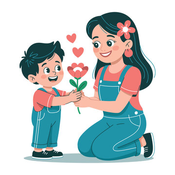 Young boy gives flower to happy mother on mothers day illustration.