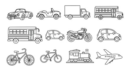 Collection of diverse black silhouette transportation vehicles and air travel © Begum