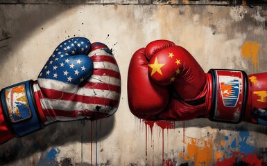 Naklejka premium Two boxing gloves one with US flag other with Chinese flag poised for