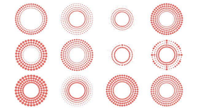 A Collection of 12 Dotted Circular Patterns in Red, Ideal for Graphic Design and Abstract Backgrounds