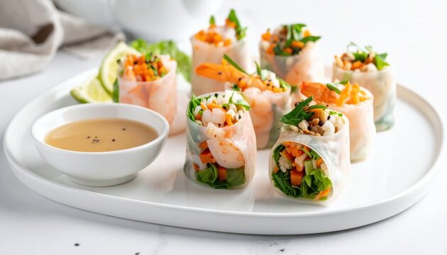 Fresh shrimp and vegetable spring rolls served with dipping sauce on a white platter