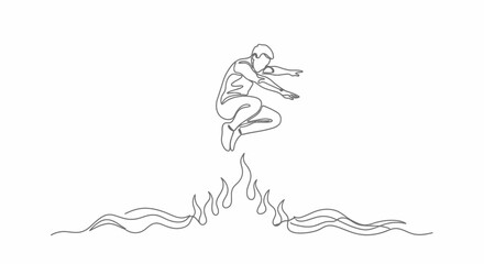 Obraz premium Man jumping over fire, parkour, extreme sport, freedom, risk, single line drawing
