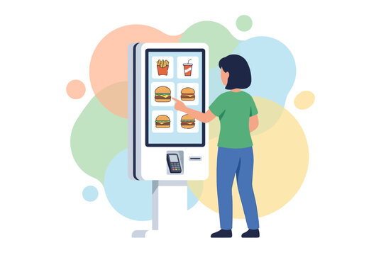 Modern Fast Food Self Service Kiosk with Woman Ordering