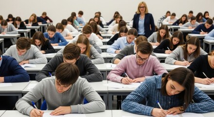 Obraz premium Students Taking an Exam in a Brightly Lit Classroom with a Teacher
