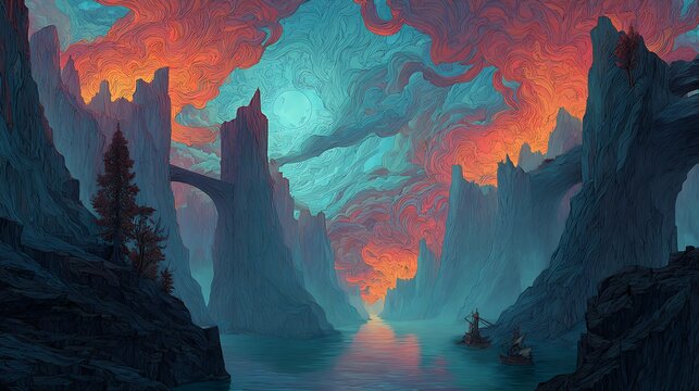 Dreamy fantasy cliffs bending over serene lake at sunset with vibrant sky and mystical atmosphere