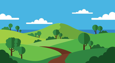 Fototapeta premium Vibrant Green Rolling Hills Landscape with Winding Path and Blue Sky